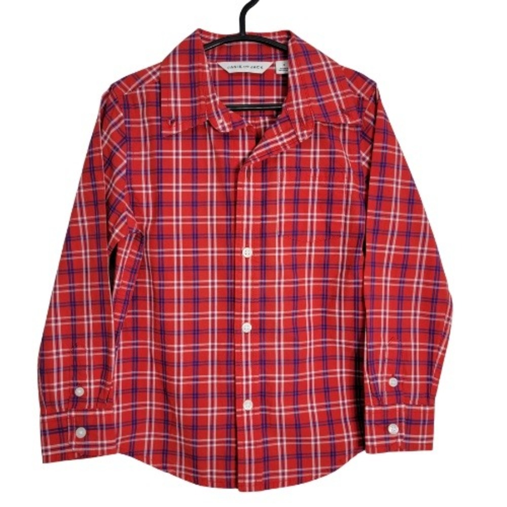 Janie and Jack Boys Red Plaid Button Down Shirt Size 3 Long Sleeve Cotton 2028